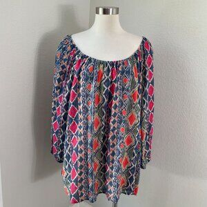 Chaps Womens Plus 3X Ikat Peasant Top Long Sleeve Boho Blouse Shirt